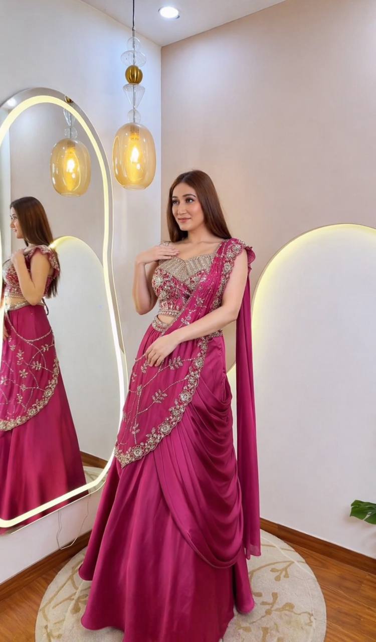 Rani Pink Crepe Lehenga Saree
