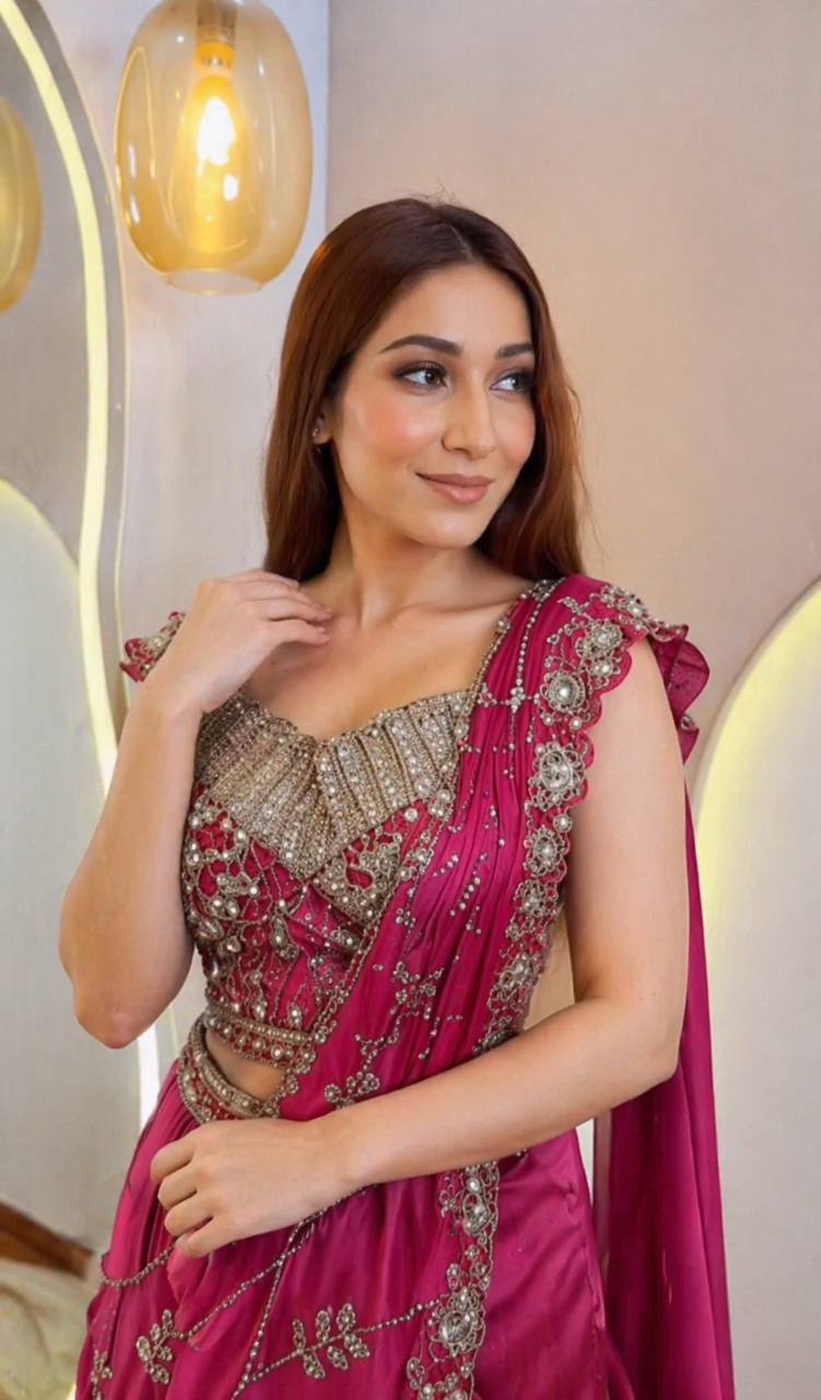 Rani Pink Crepe Lehenga Saree, view 3