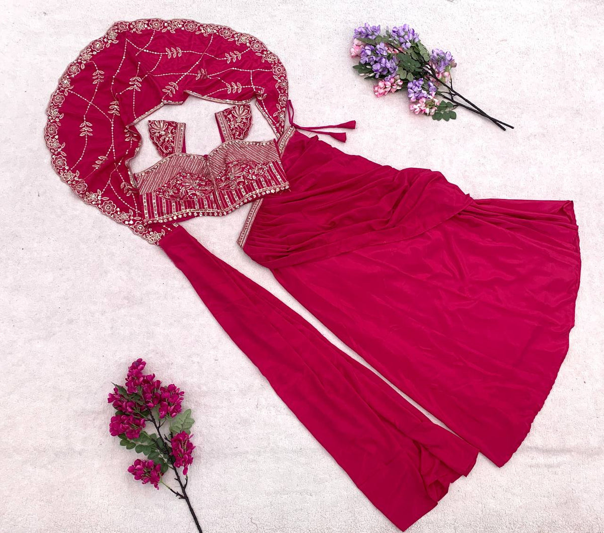 Rani Pink Crepe Lehenga Saree, view 7
