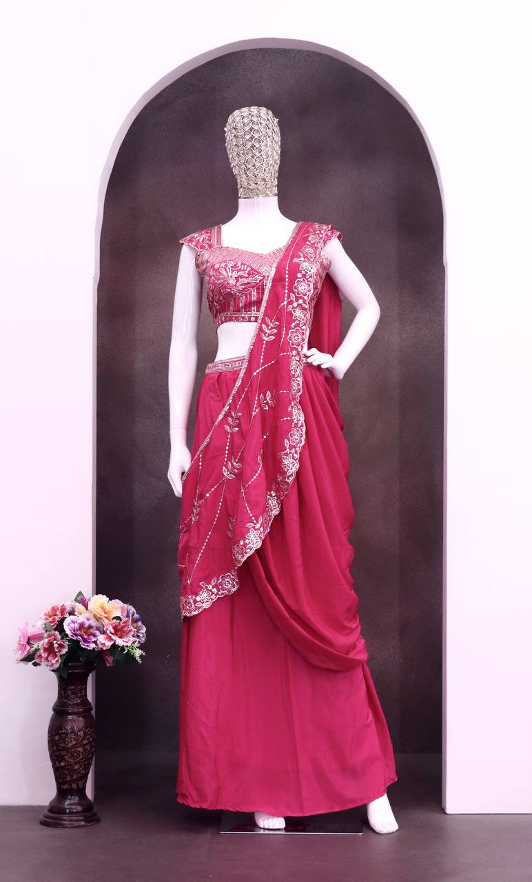Rani Pink Crepe Lehenga Saree, view 5