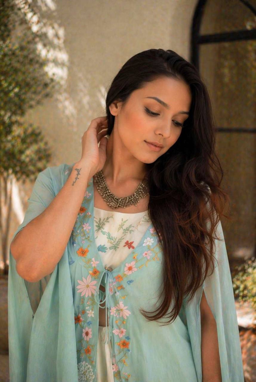 Sky Blue Teby Silk Lehenga with Shrug, view 2