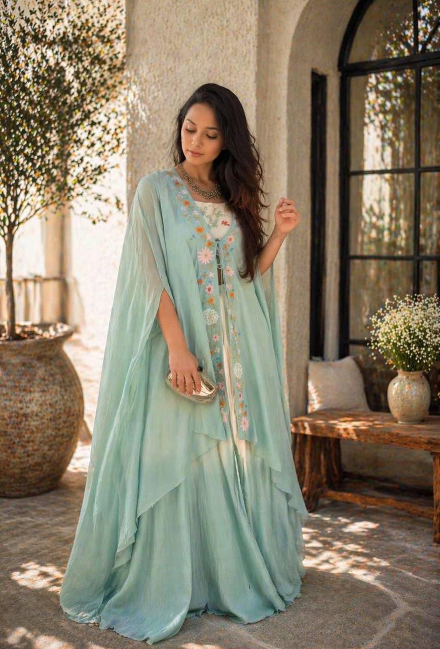 Sky Blue Teby Silk Lehenga with Shrug
