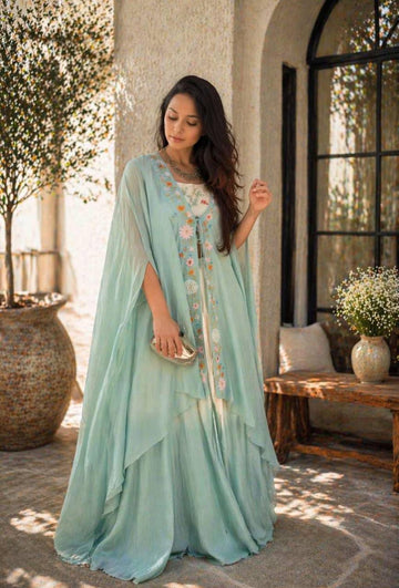 Sky Blue Teby Silk Lehenga with Shrug