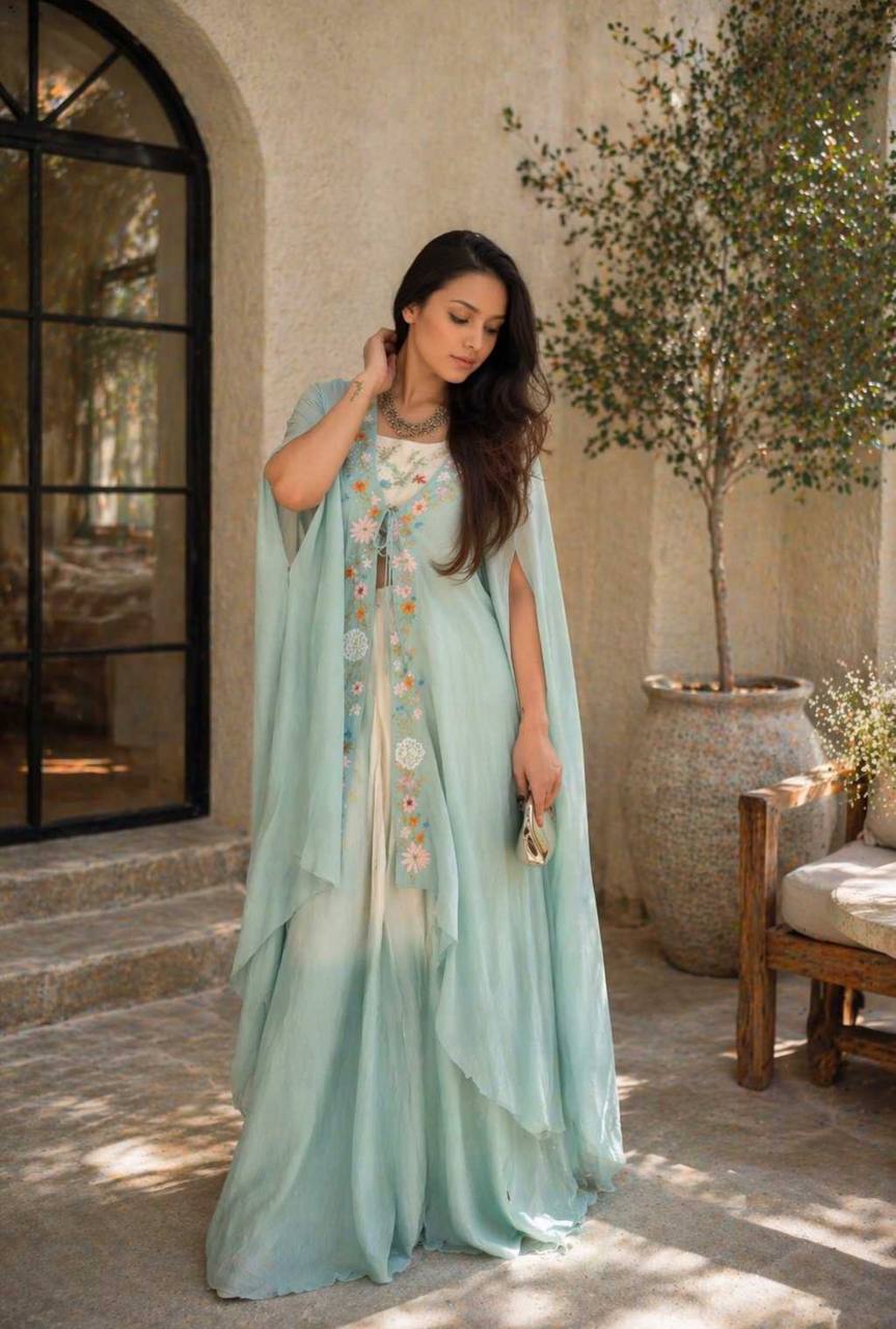 Sky Blue Teby Silk Lehenga with Shrug, view 3
