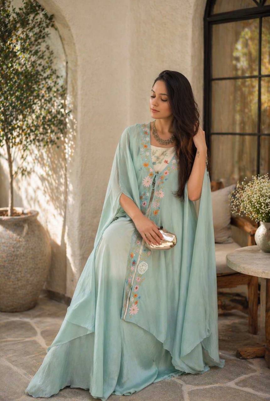 Sky Blue Teby Silk Lehenga with Shrug, view 4
