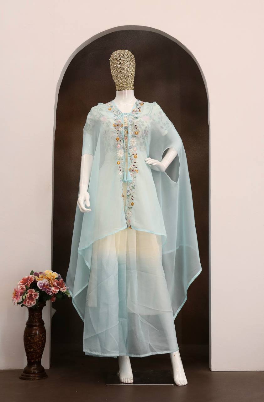 Sky Blue Teby Silk Lehenga with Shrug, view 5