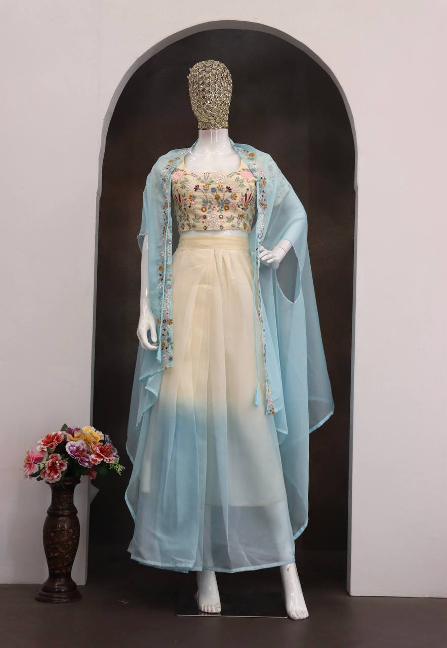Sky Blue Teby Silk Lehenga with Shrug, view 6