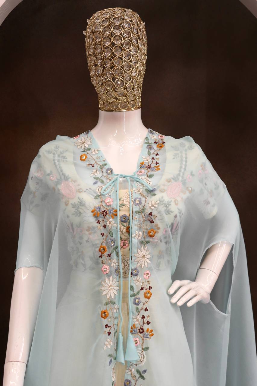 Sky Blue Teby Silk Lehenga with Shrug, view 7