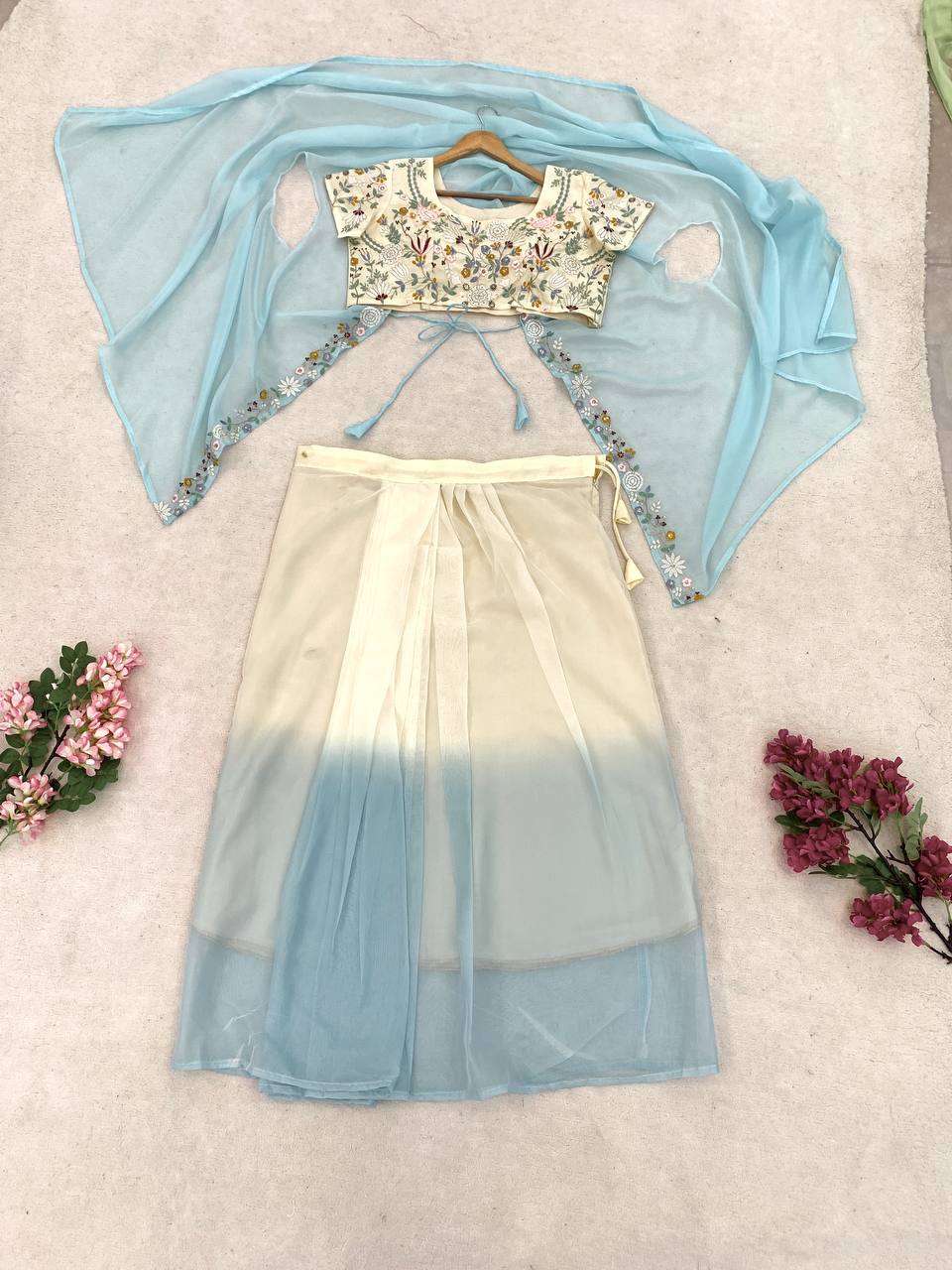 Sky Blue Teby Silk Lehenga with Shrug, view 8