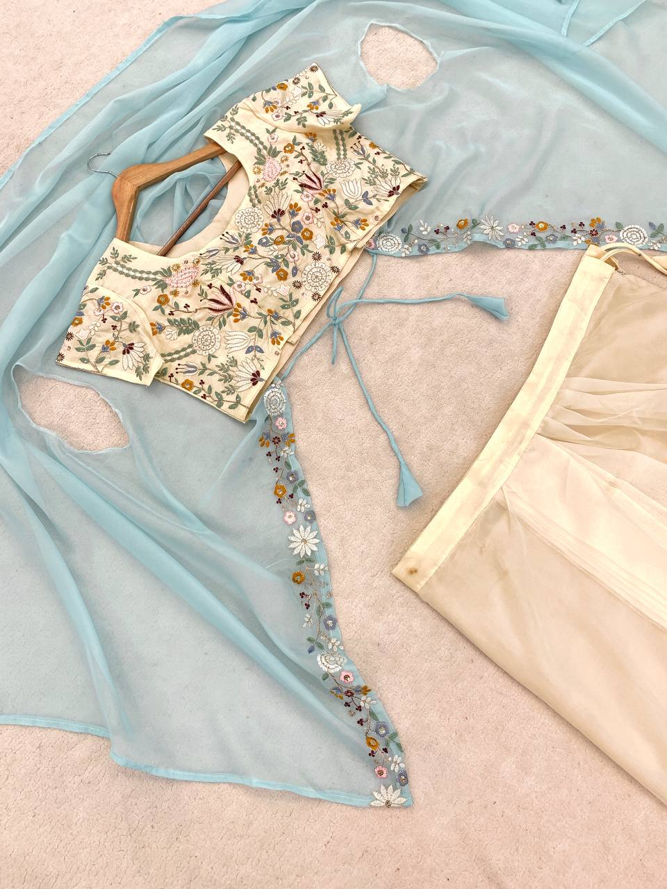 Sky Blue Teby Silk Lehenga with Shrug, view 9