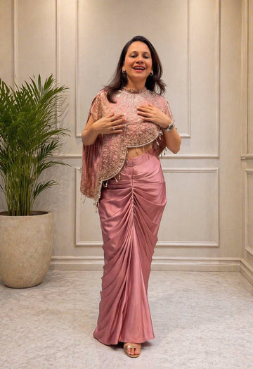 Dusty Pink Crepe Dhoti Set with Sequin Cape