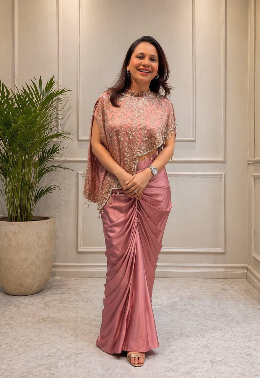 Dusty Pink Crepe Dhoti Set with Sequin Cape, view 2