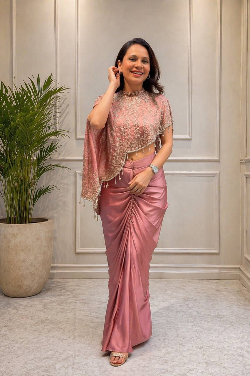 Dusty Pink Crepe Dhoti Set with Sequin Cape, view 3