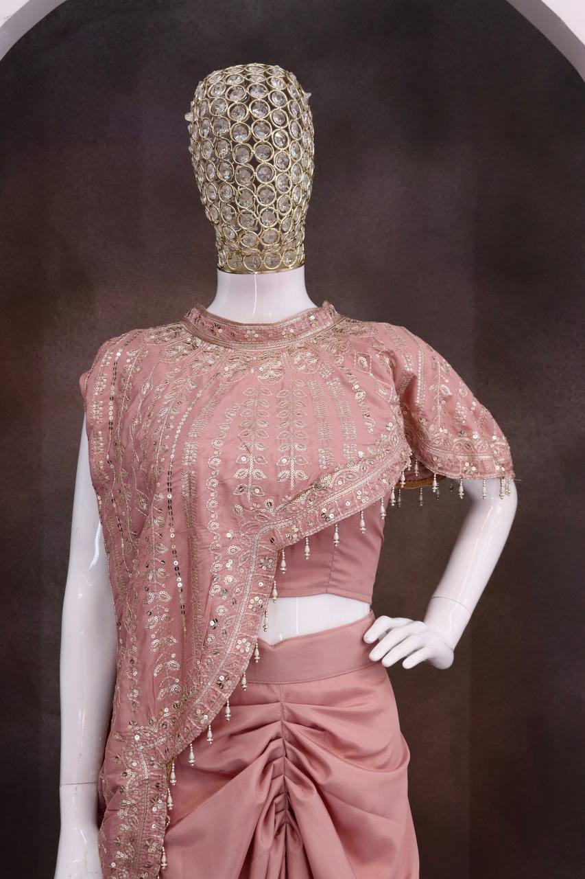 Dusty Pink Crepe Dhoti Set with Sequin Cape, view 6