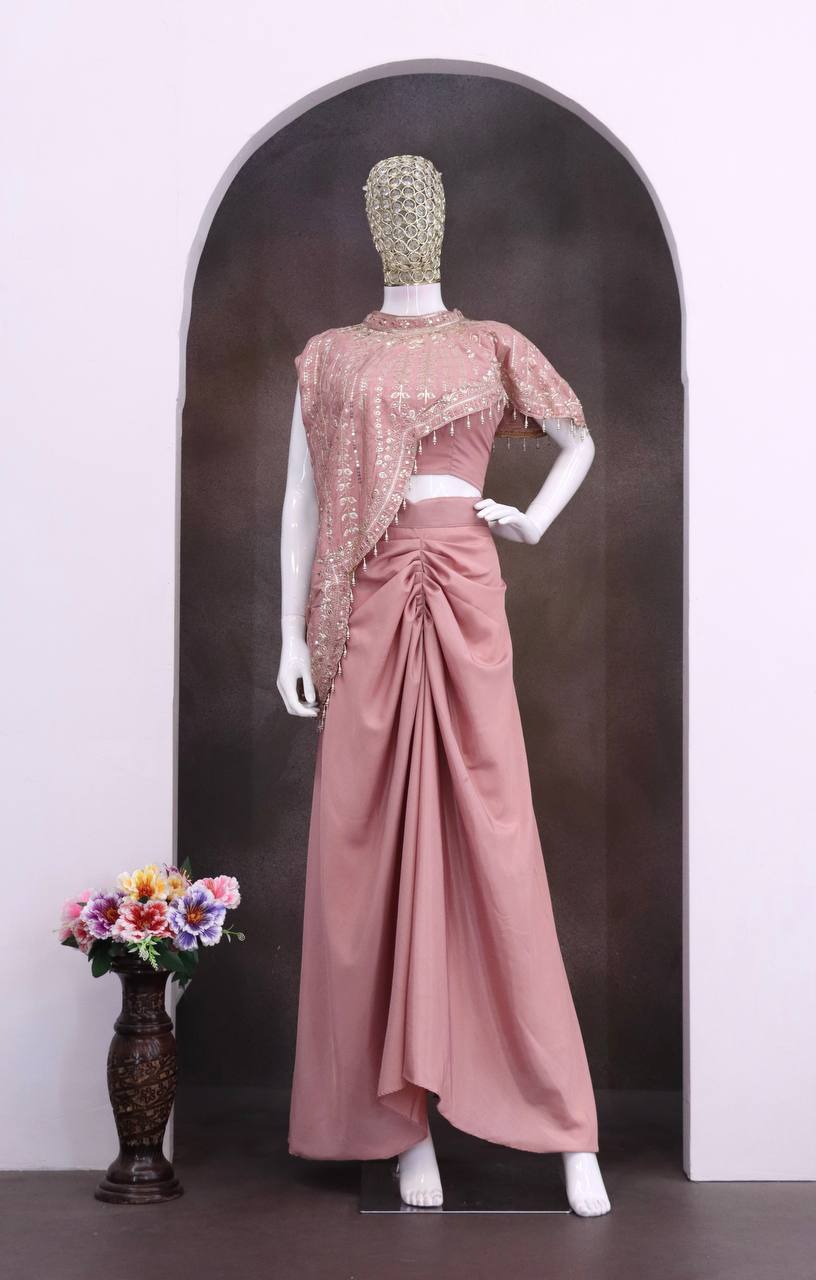 Dusty Pink Crepe Dhoti Set with Sequin Cape, view 7