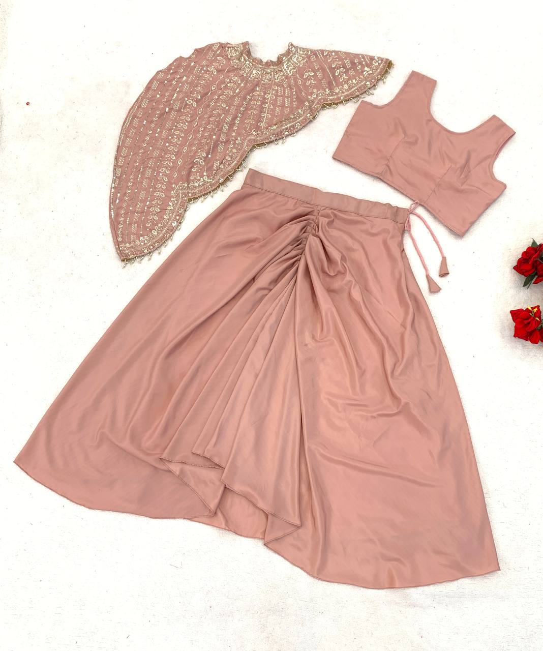 Dusty Pink Crepe Dhoti Set with Sequin Cape, view 8