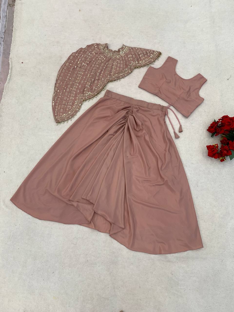 Dusty Pink Crepe Dhoti Set with Sequin Cape, view 9
