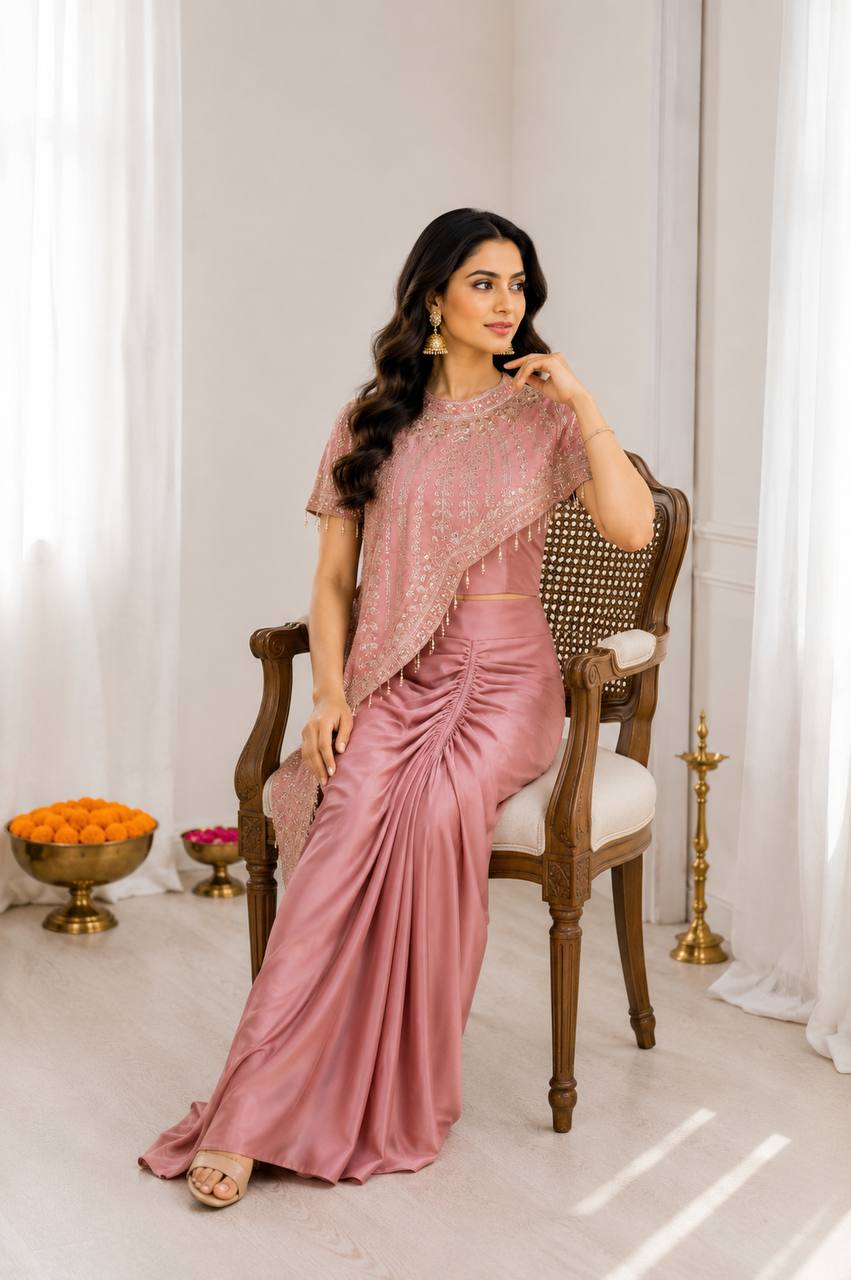 Dusty Pink Crepe Dhoti Set with Sequin Cape, view 4