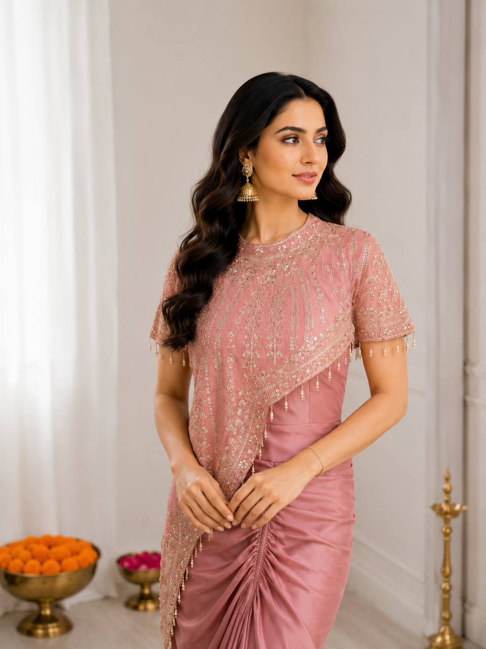 Dusty Pink Crepe Dhoti Set with Sequin Cape, view 5