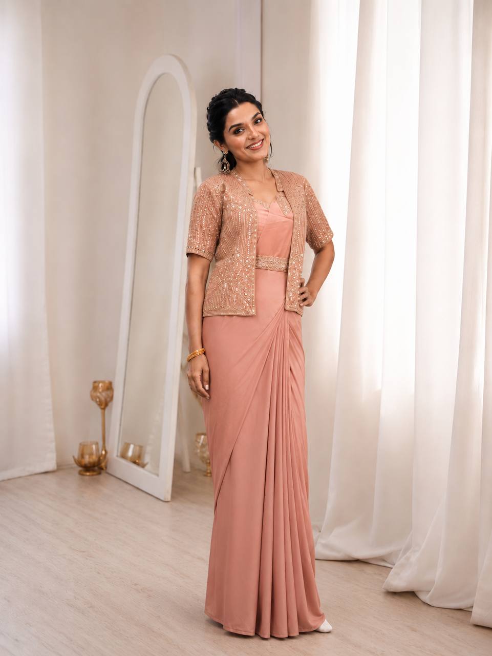Peach Crepe Saree with Jacket and Belt