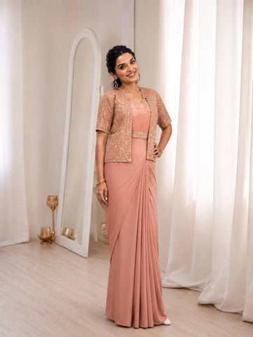 Peach Crepe Saree with Jacket and Belt