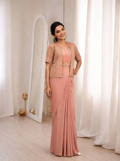 Peach Crepe Saree with Jacket and Belt