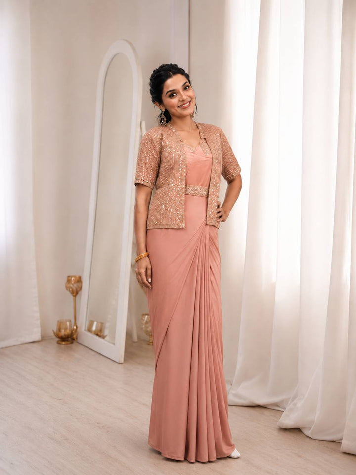 Peach Crepe Saree with Jacket and Belt