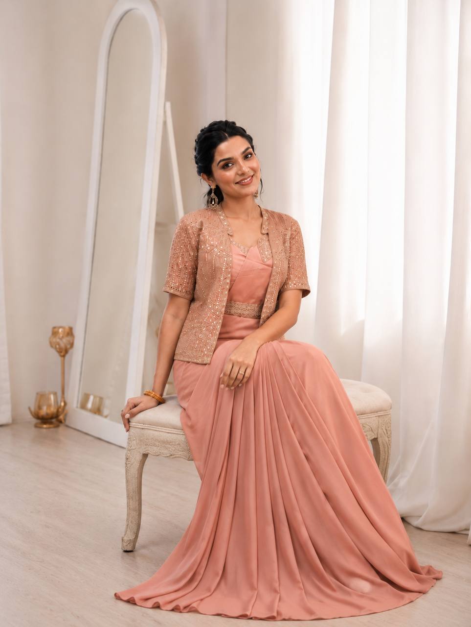 Peach Crepe Saree with Jacket and Belt, view 2
