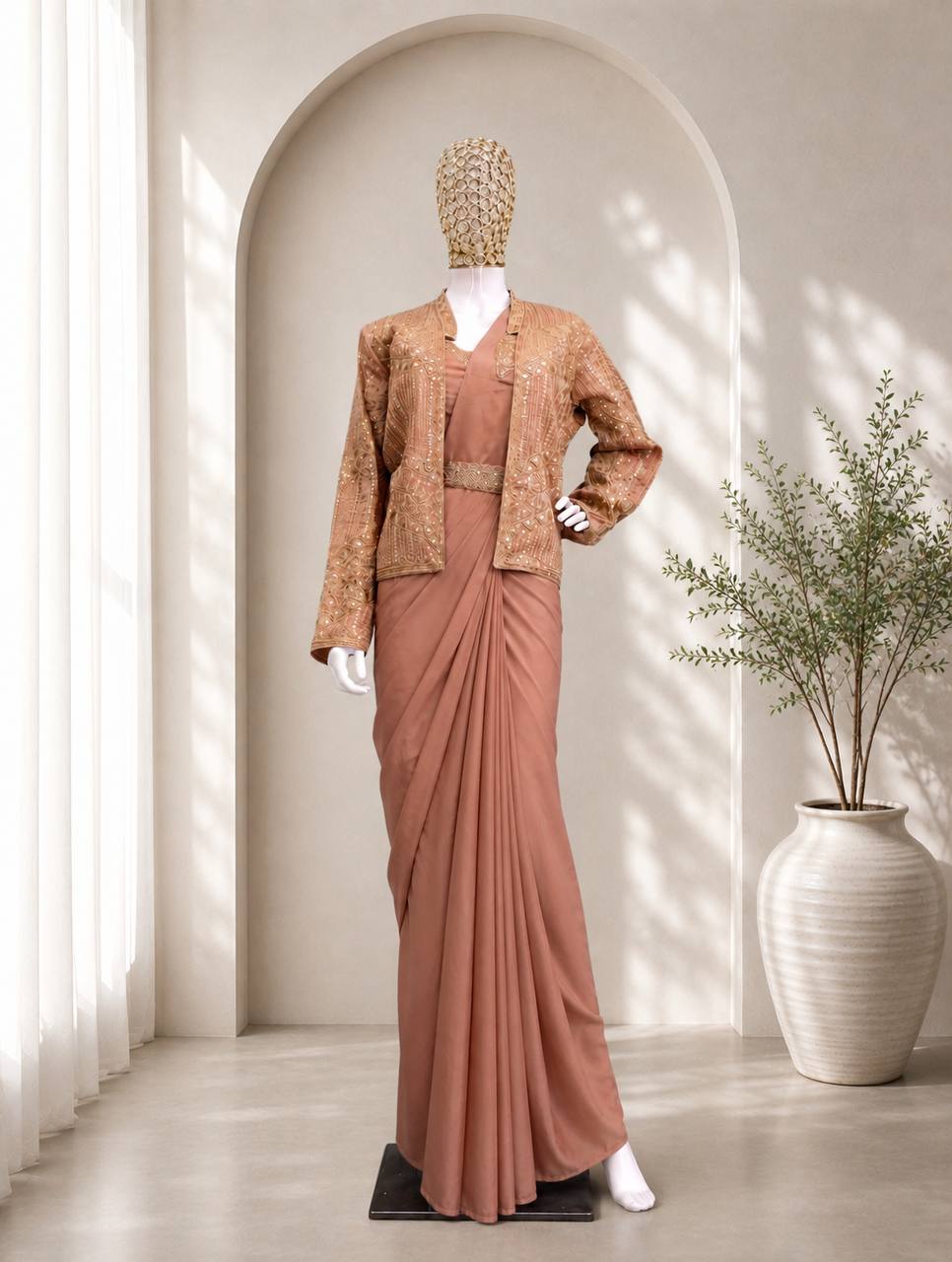 Peach Crepe Saree with Jacket and Belt, view 3