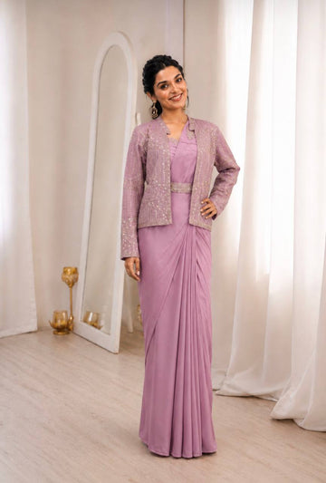 Lilac Crepe Saree with Jacket and Belt