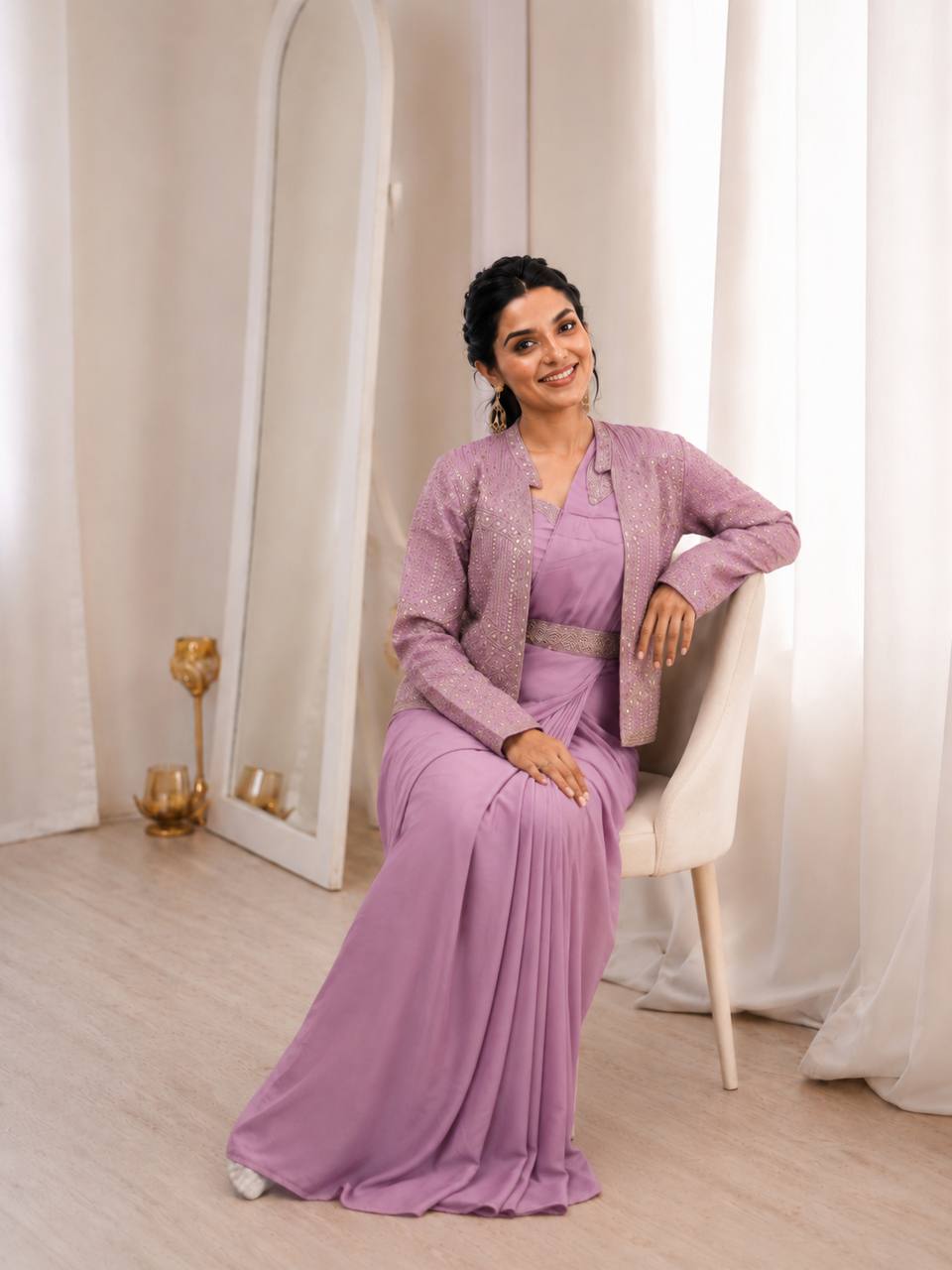 Lilac Crepe Saree with Jacket and Belt, view 2