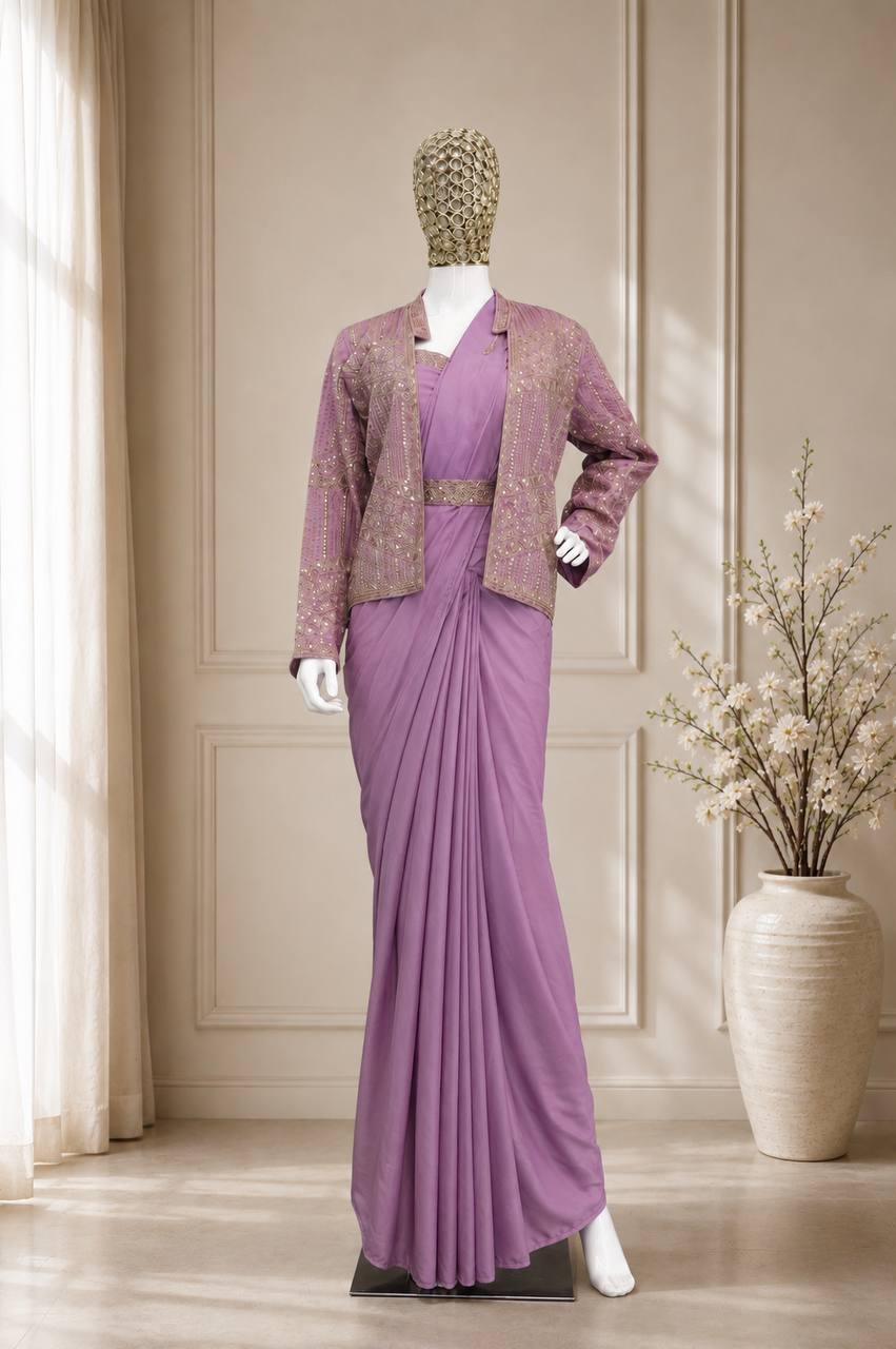 Lilac Crepe Saree with Jacket and Belt, view 3