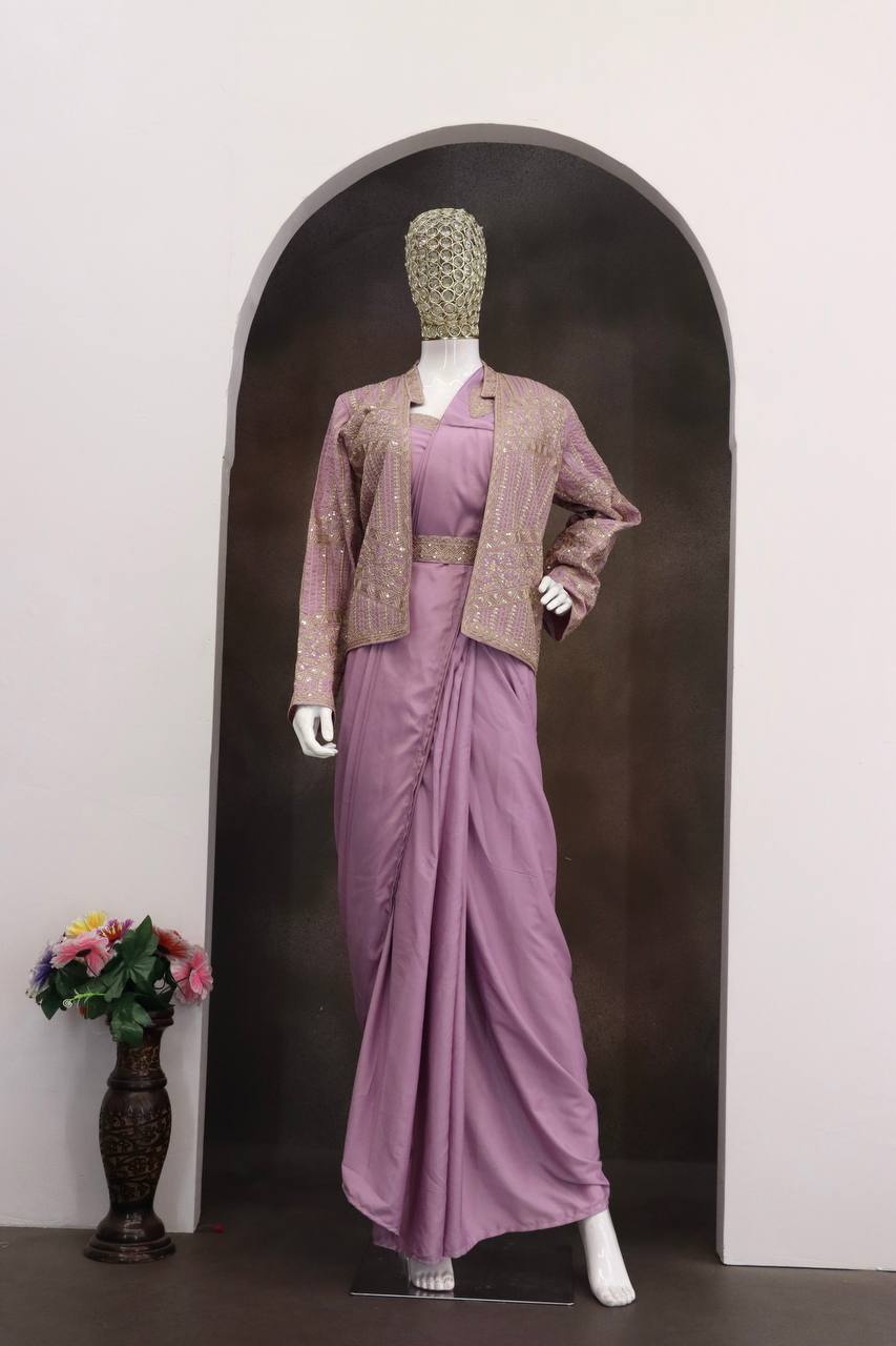 Lilac Crepe Saree with Jacket and Belt, view 4