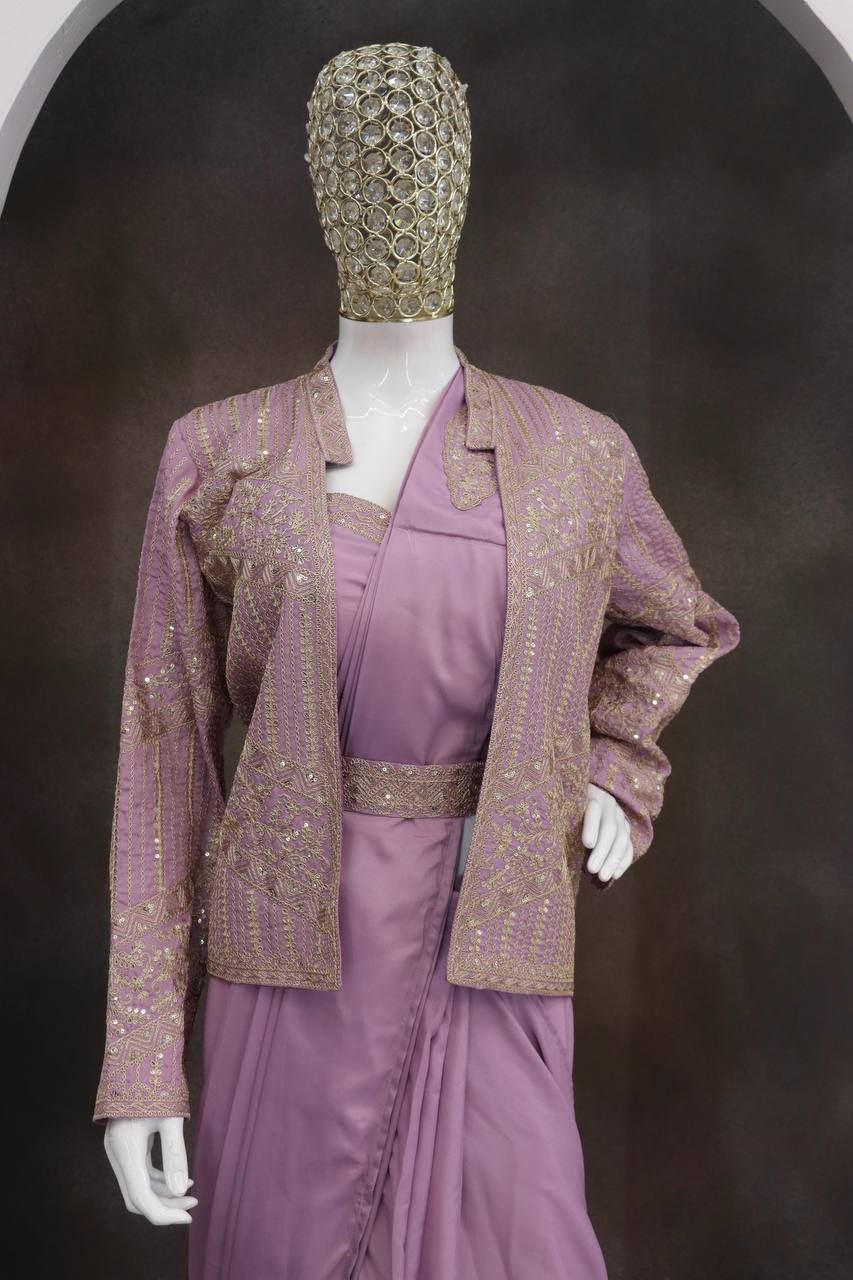 Lilac Crepe Saree with Jacket and Belt, view 5