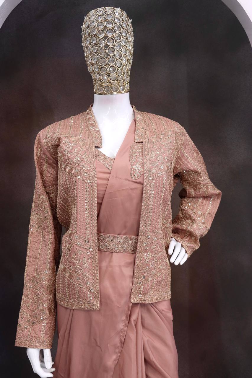 Peach Crepe Saree with Jacket and Belt, view 4