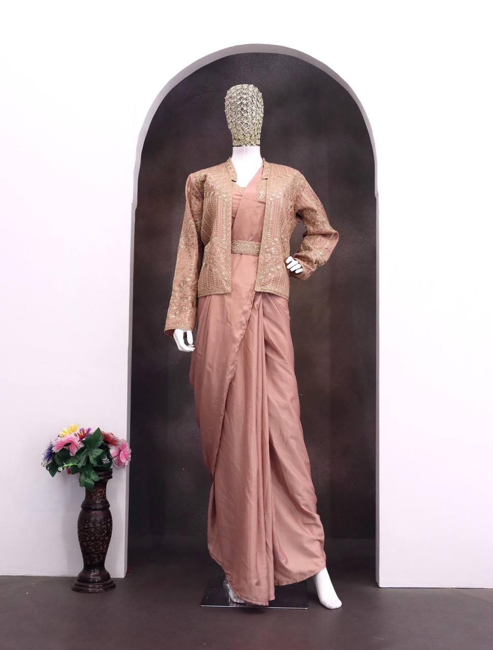 Peach Crepe Saree with Jacket and Belt, view 5