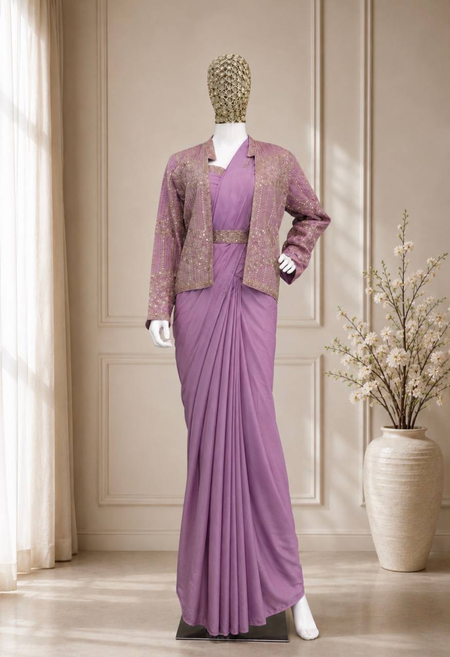 Lilac Crepe Saree with Jacket and Belt, view 6
