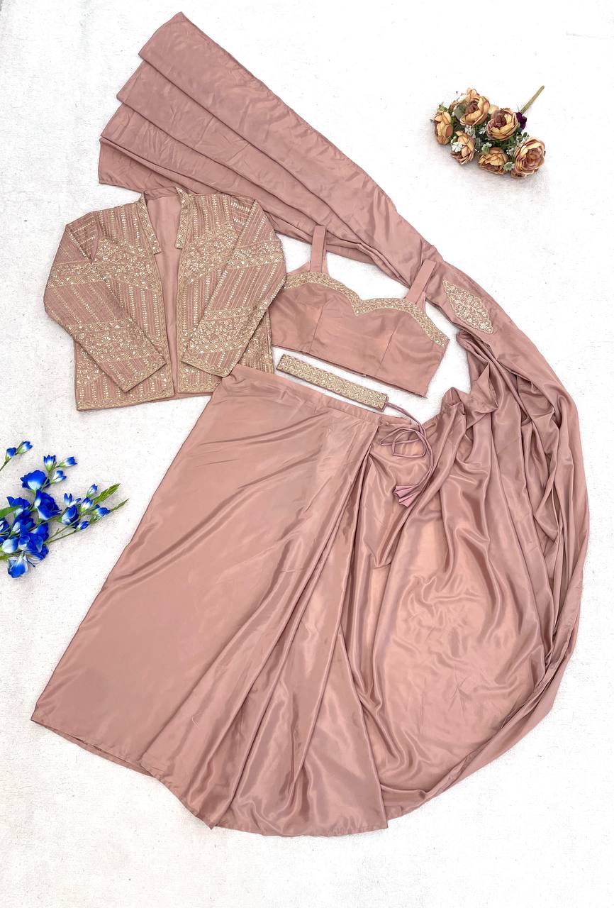 Peach Crepe Saree with Jacket and Belt, view 6