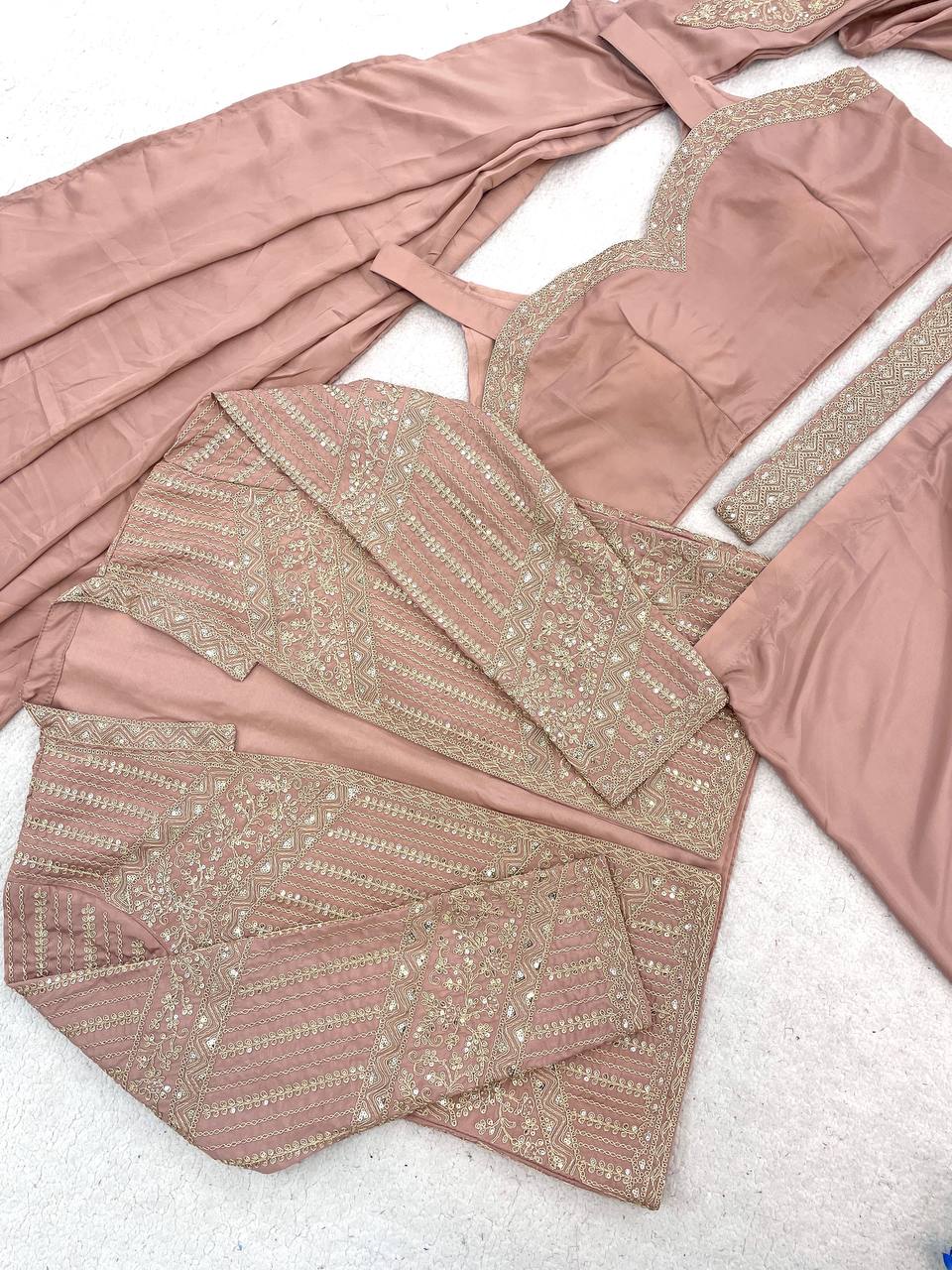 Peach Crepe Saree with Jacket and Belt, view 7
