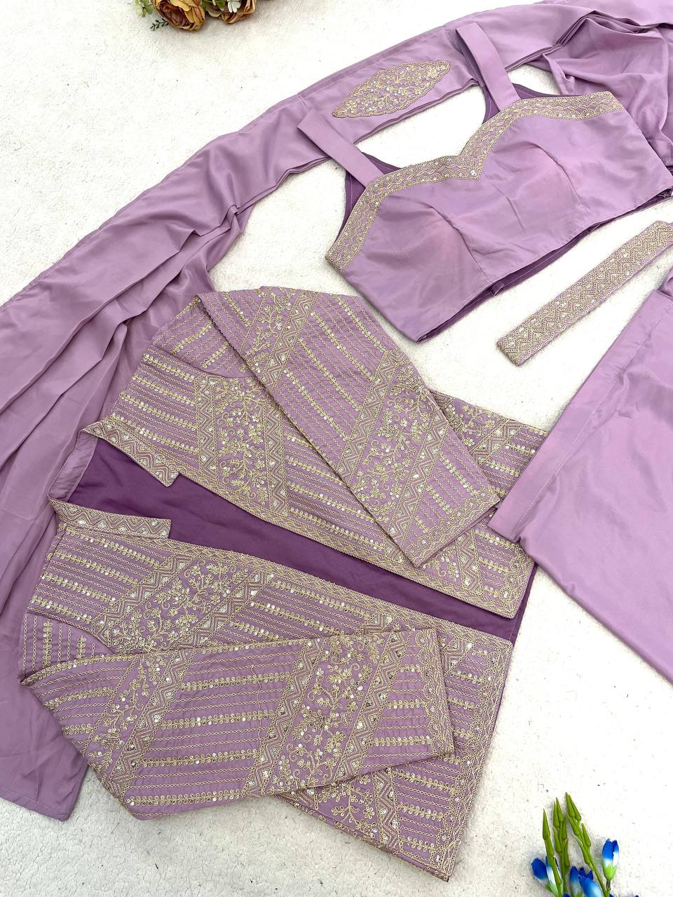 Lilac Crepe Saree with Jacket and Belt, view 7