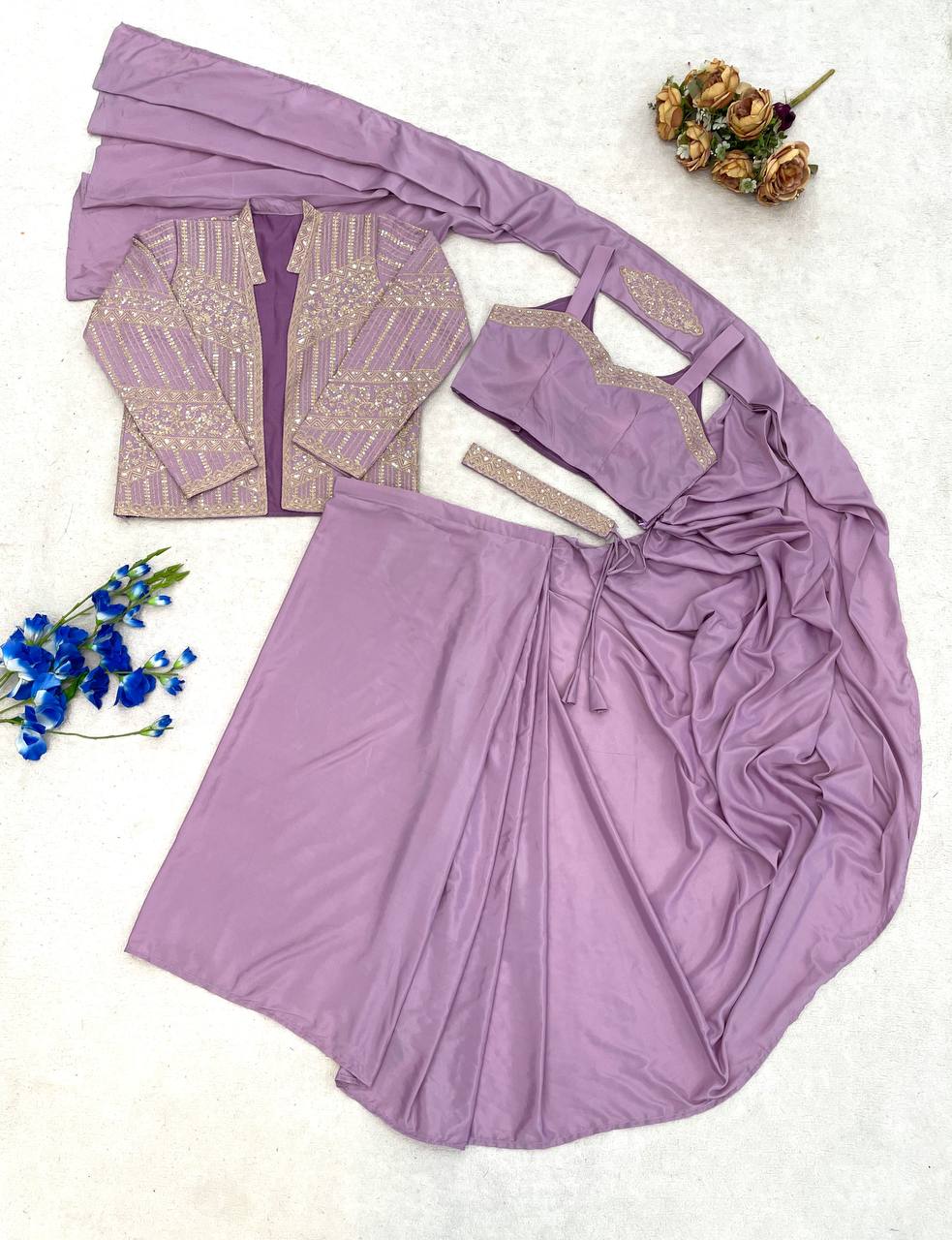 Lilac Crepe Saree with Jacket and Belt, view 8