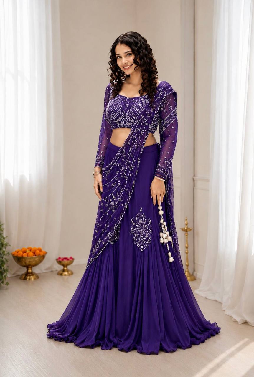 Purple Chinon Lehenga with Attached Pallu