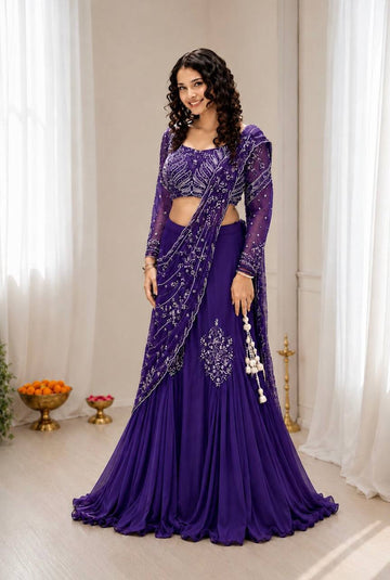 Purple Chinon Lehenga with Attached Pallu