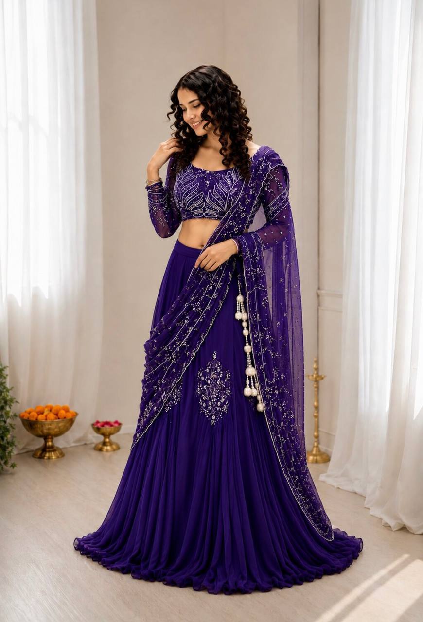 Purple Chinon Lehenga with Attached Pallu, view 2