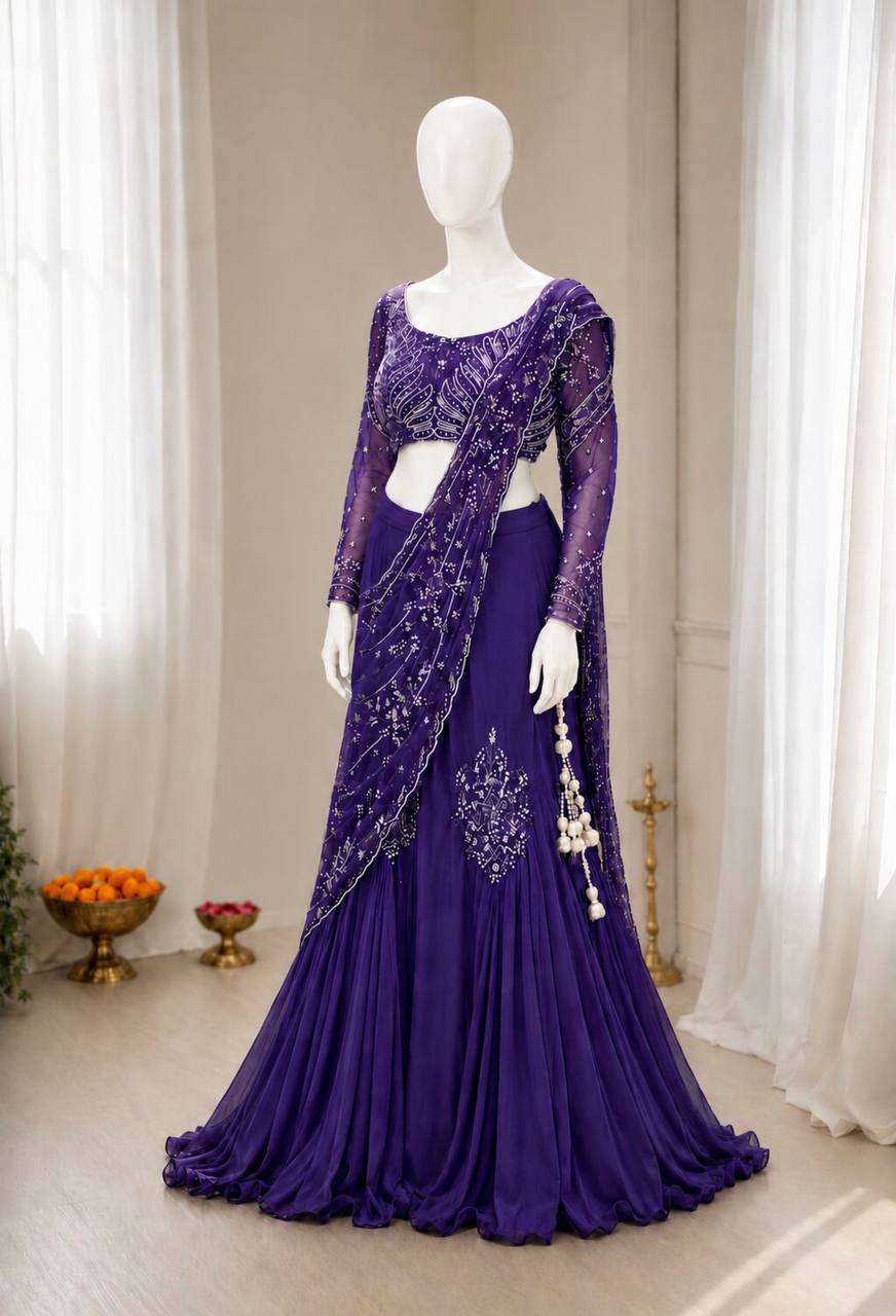 Purple Chinon Lehenga with Attached Pallu, view 3