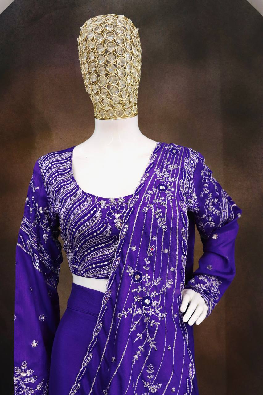 Purple Chinon Lehenga with Attached Pallu, view 4
