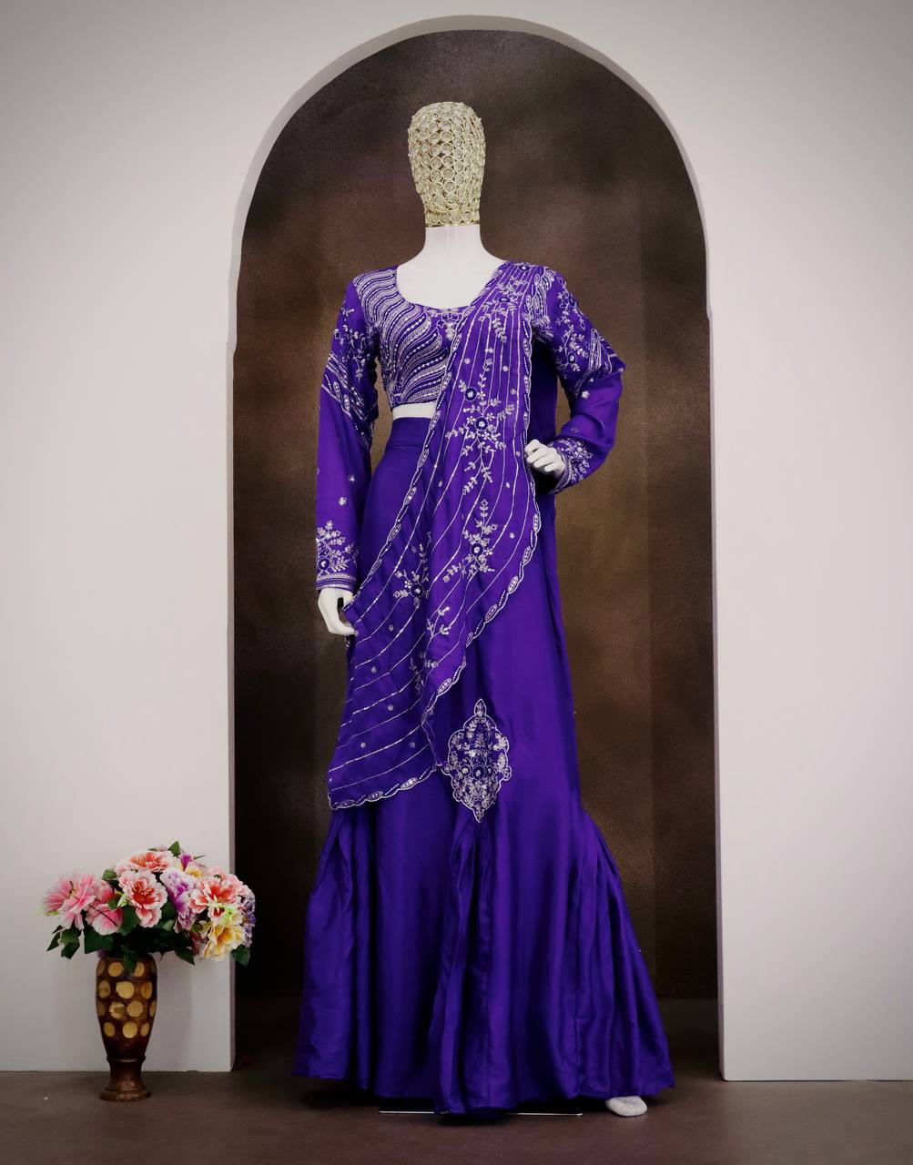 Purple Chinon Lehenga with Attached Pallu, view 5