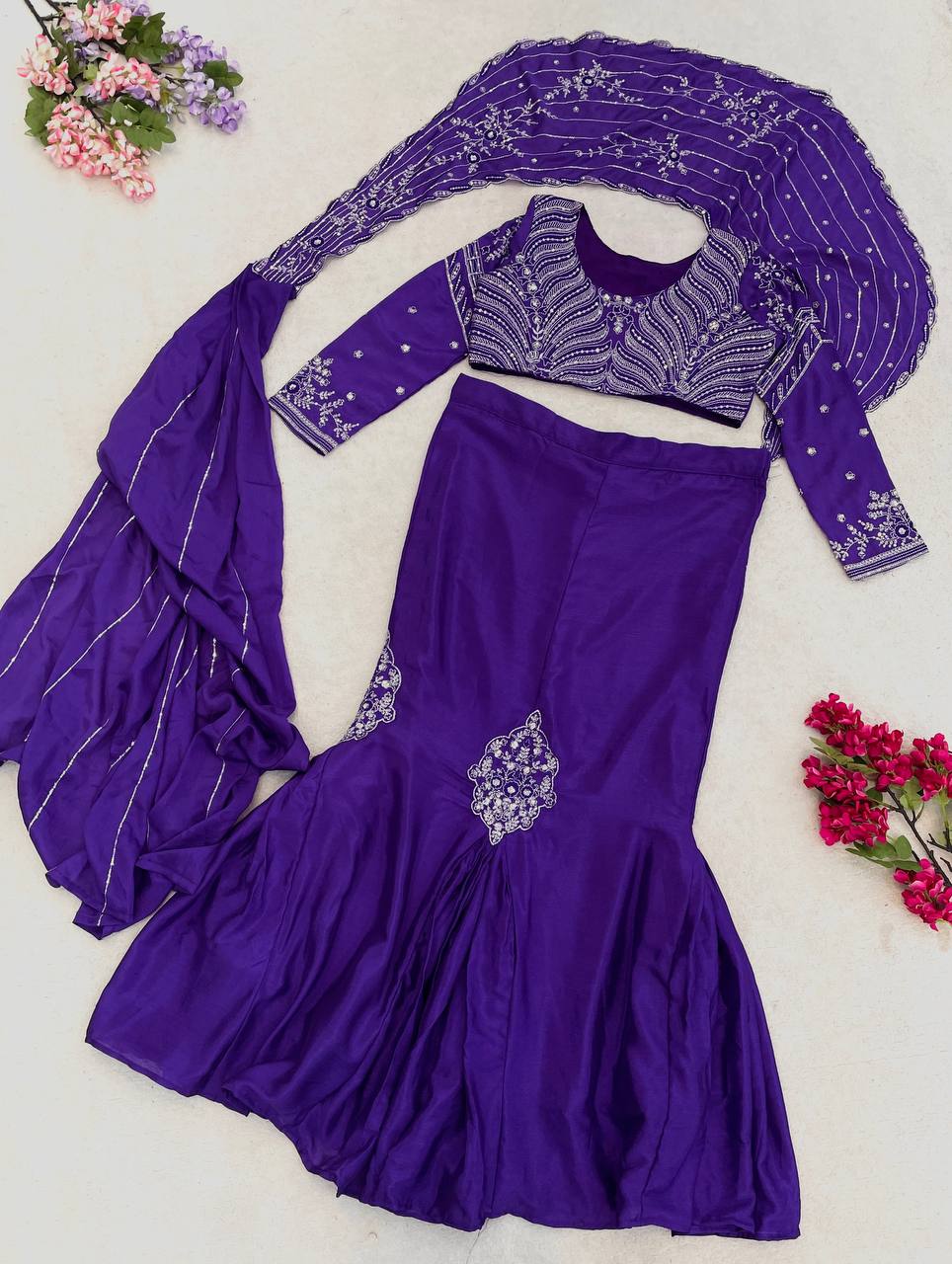 Purple Chinon Lehenga with Attached Pallu, view 7