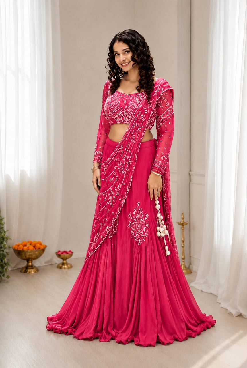 Rani Pink Chinon Lehenga with Attached Pallu