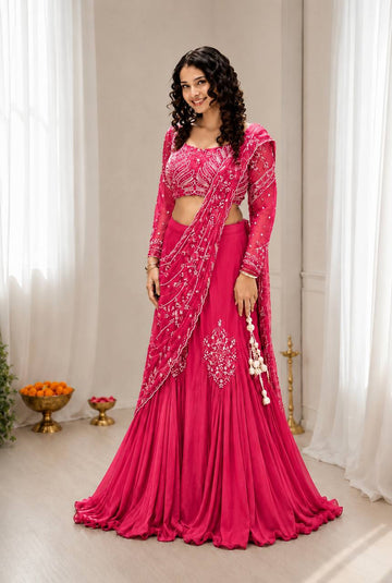 Rani Pink Chinon Lehenga with Attached Pallu